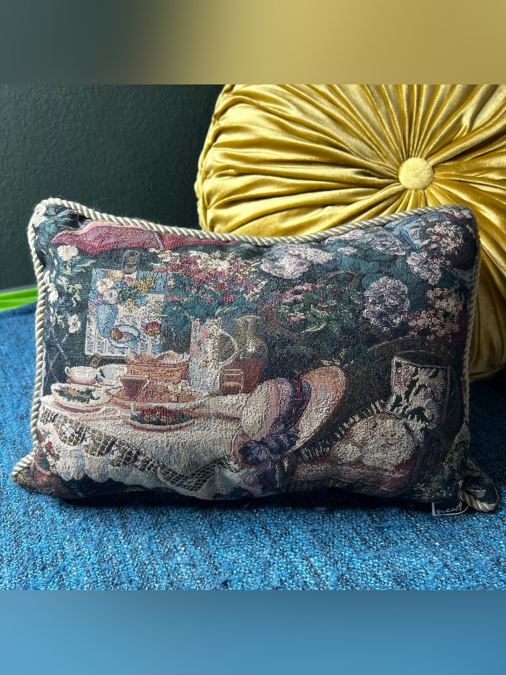 Vintage Newport Tapestry Pillow Cat Tea Party Cottage Core 17"x 11" Throw Pillow